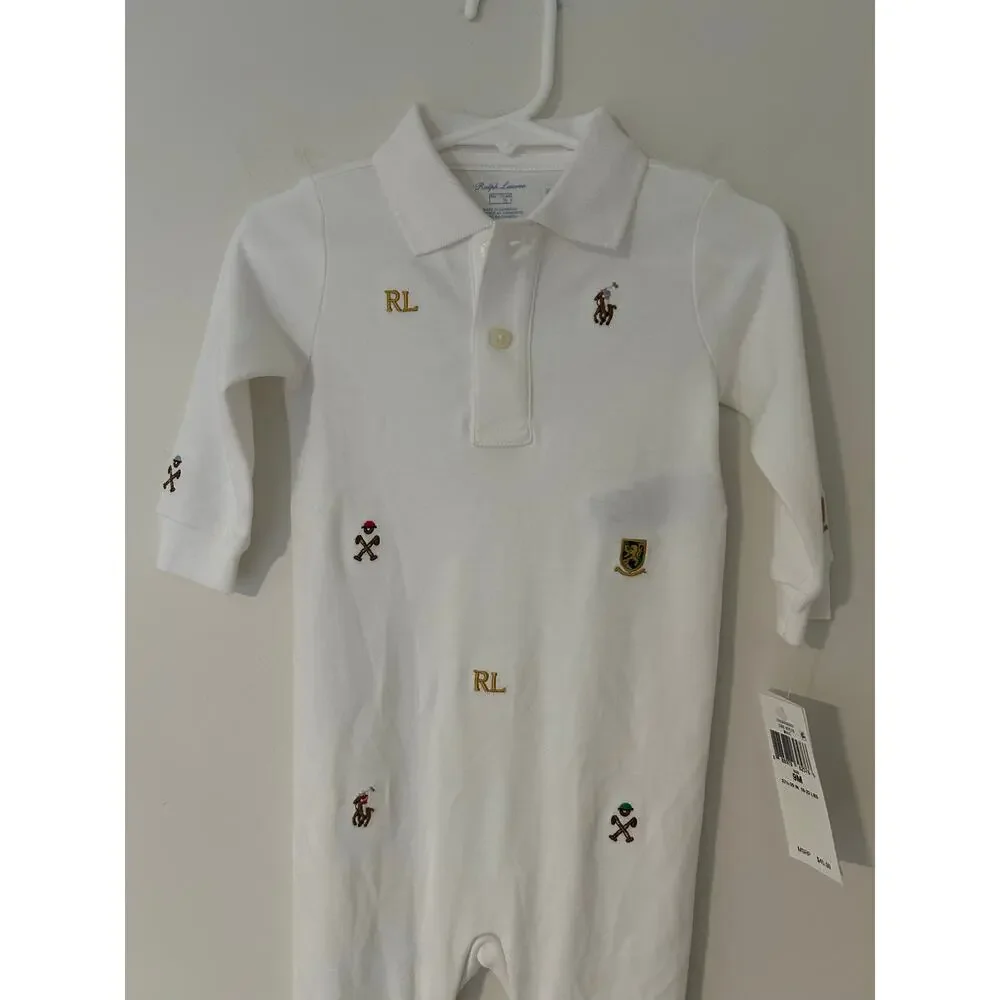 NWT Ralph Lauren Polo Baby Embroidered Cotton Coverall Baby Boy Collared White